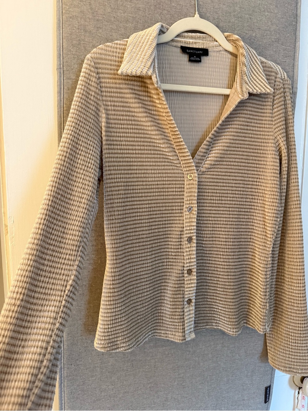 Sanctuary Cream Frosted Almond Textured Velvet Long-Sleeve Button-Front Shirt - Picture 6 of 9